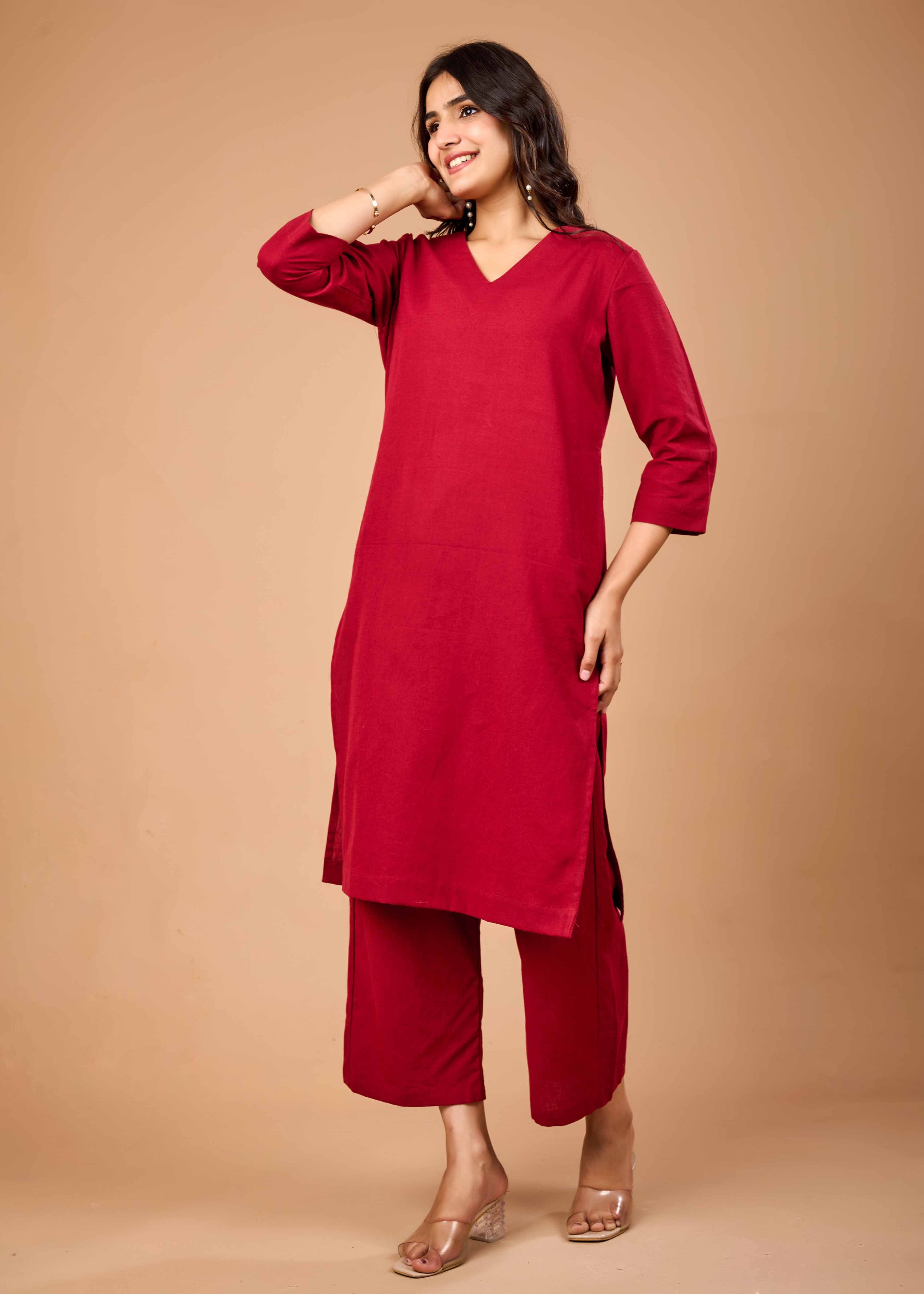 Women Maroon Airy Linen Kurta with Trousers