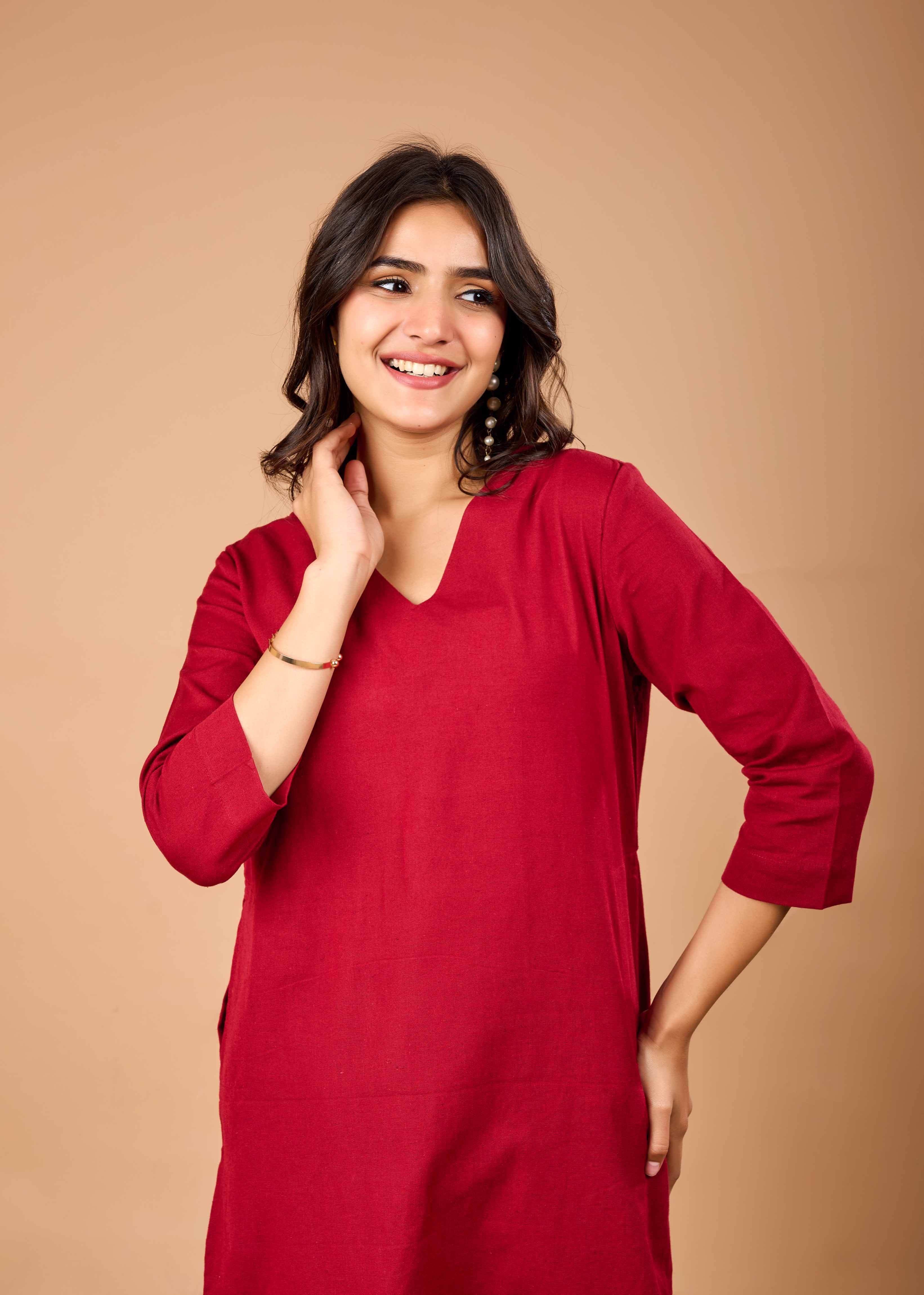 Women Maroon Airy Linen Kurta with Trousers