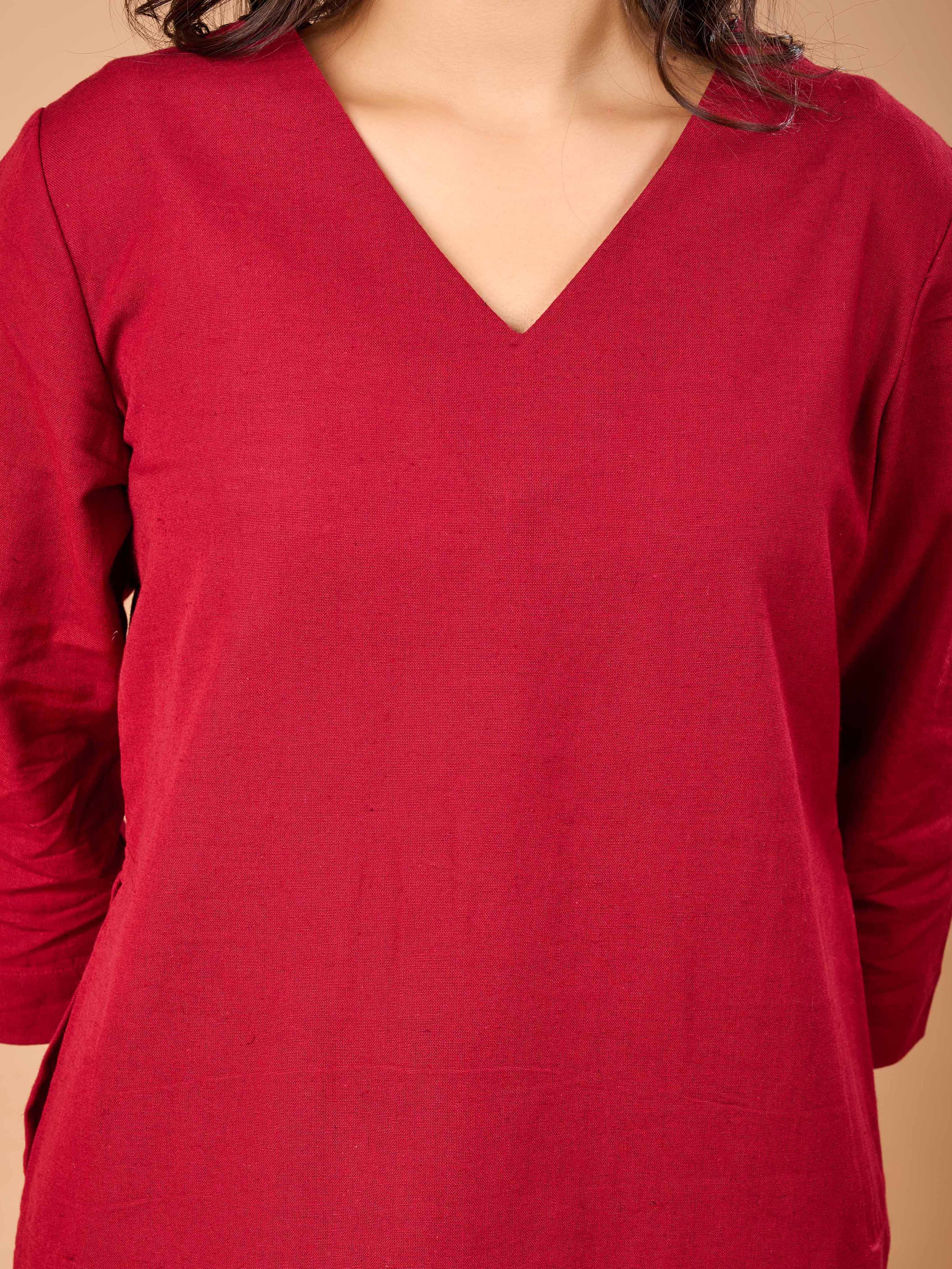 Women Maroon Airy Linen Kurta with Trousers
