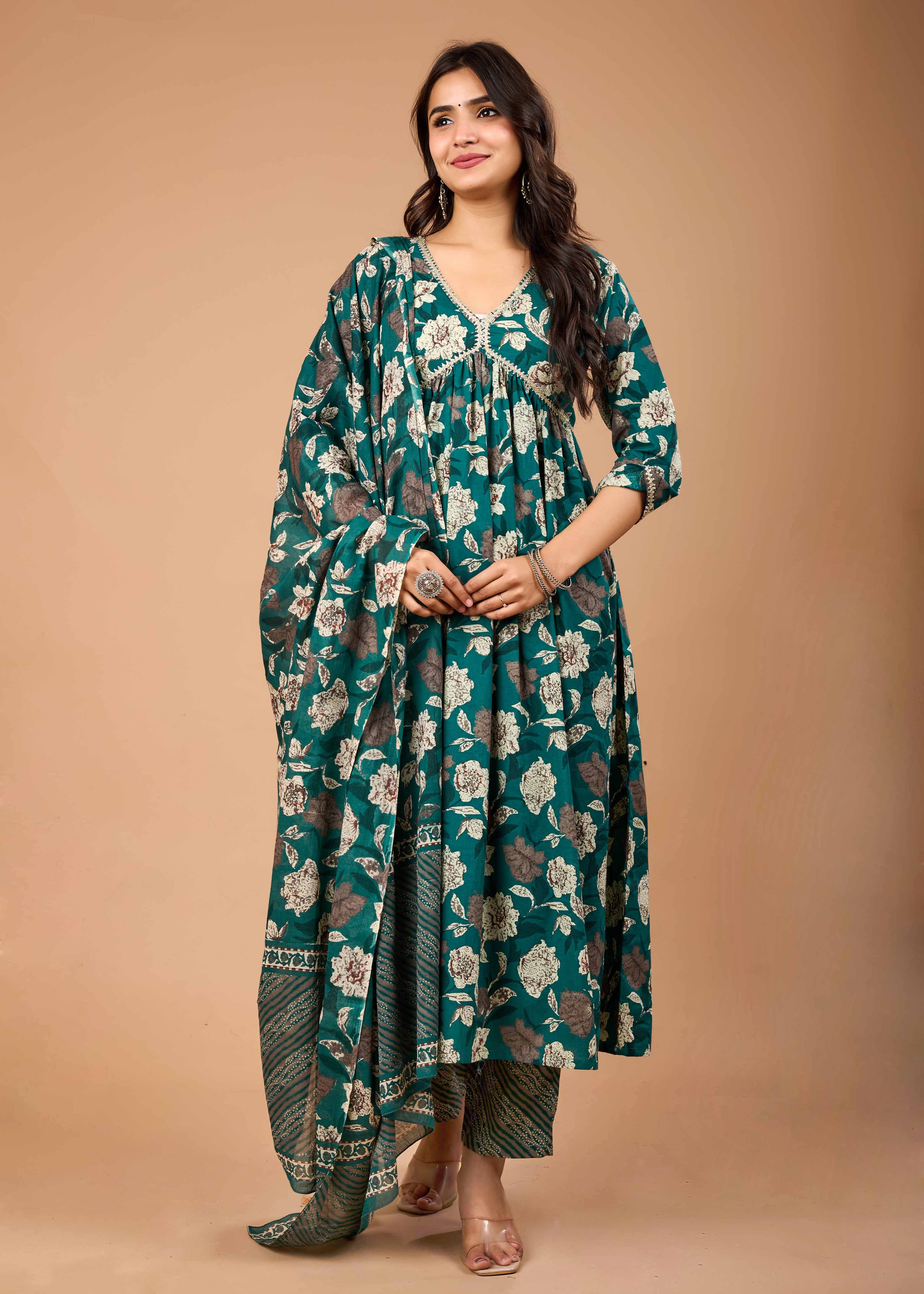 AARNA GREEN HAND CRAFTED FLORAL ANARKALI SUIT SET