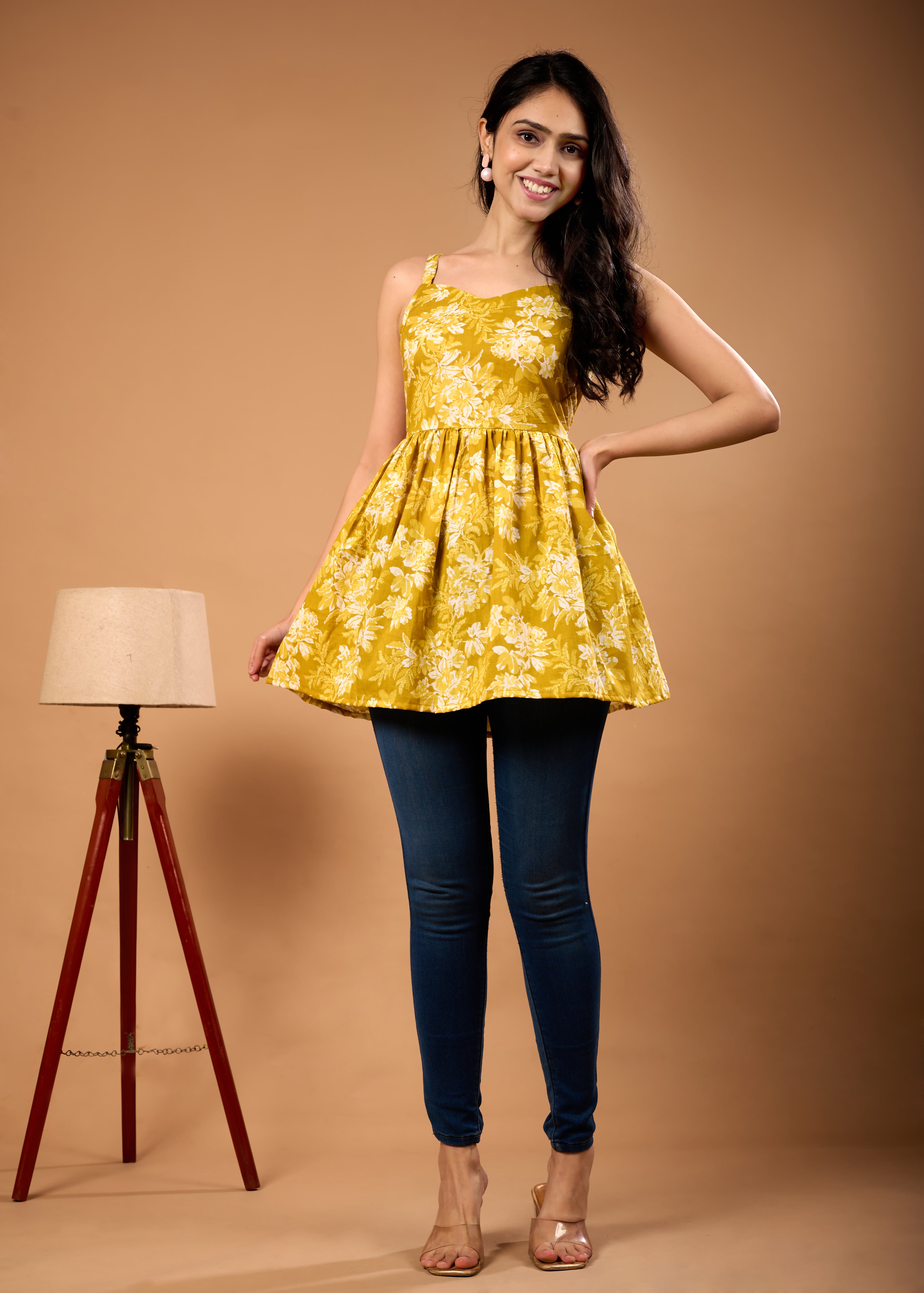 MYSHA MUSTARD HAND CRAFTED COTTON PEPLUM TOP